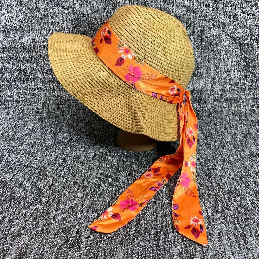 Steve Madden Straw Sun Hat Orange Floral Scarf Tie Wide Brim Floppy Beach Resort